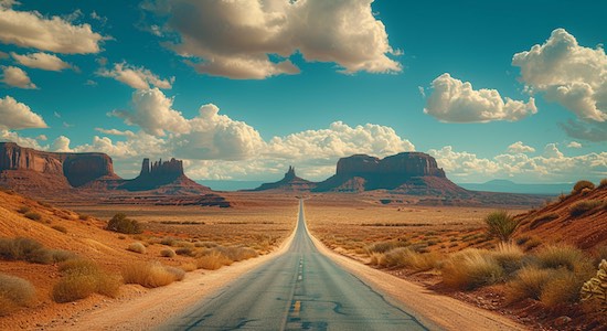 Une longue route droite dans un desert de l'ouest américain