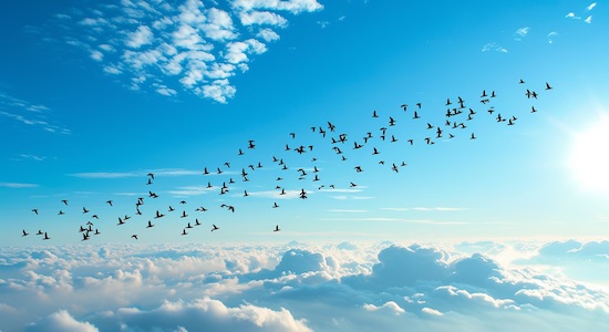 Des oiseaux migrateurs au dessus des nuages