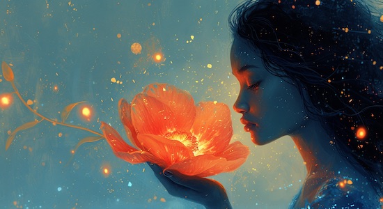 Une représentation artistique du potentiel : une jeune femme tient une fleur lumineuse dans ses mains